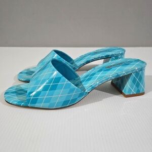 Larroude Blue Argyle Block Heel Sandals
